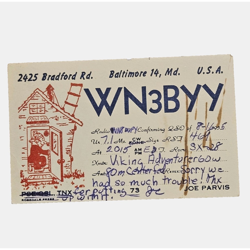 1955 WN3BYY Baltimore Maryland, USA Ham Amateur Radio QSL Cards Postcard Vintage